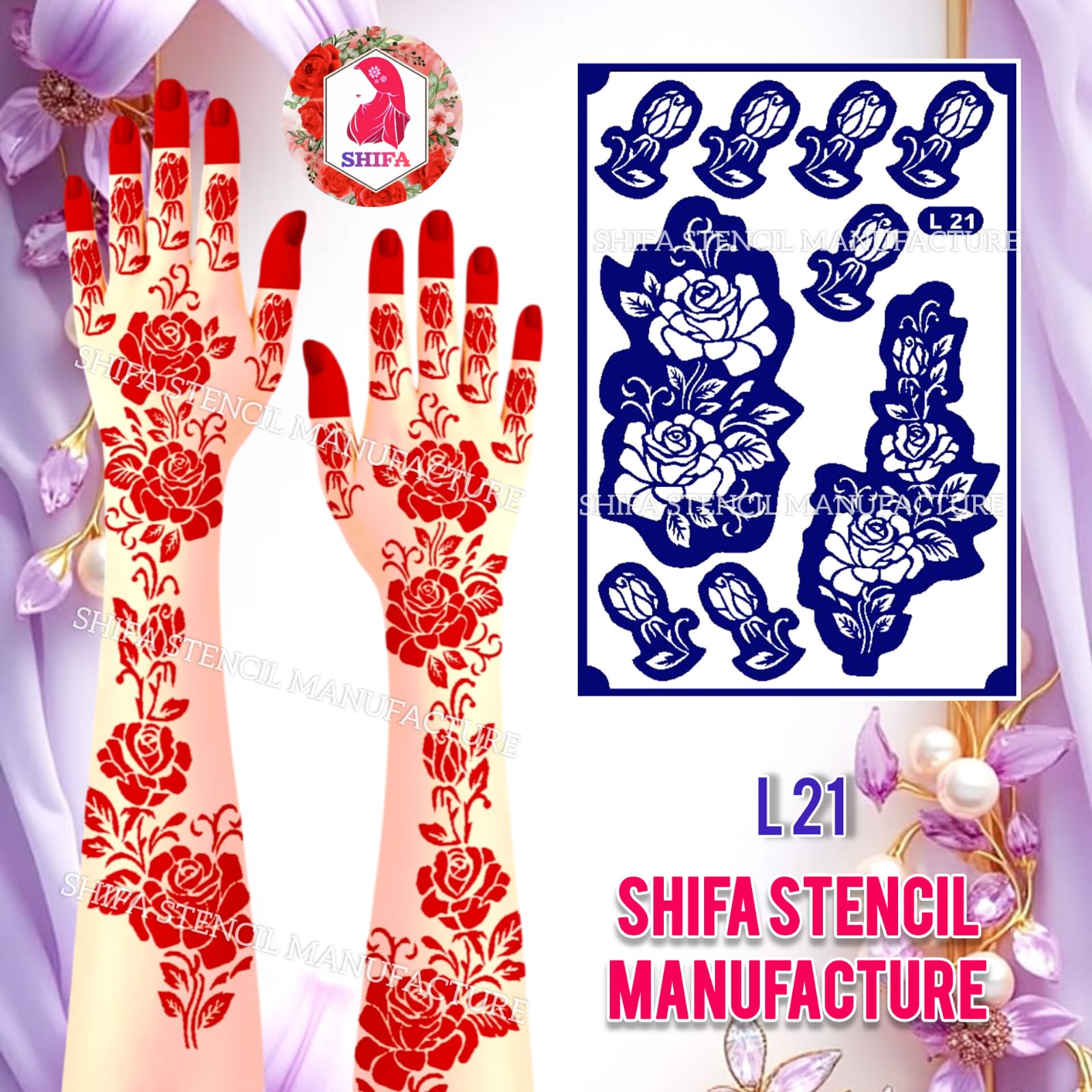 L 21 Majestic Rose Vine Sticker overview Henna Stencil - Shifa Stencil